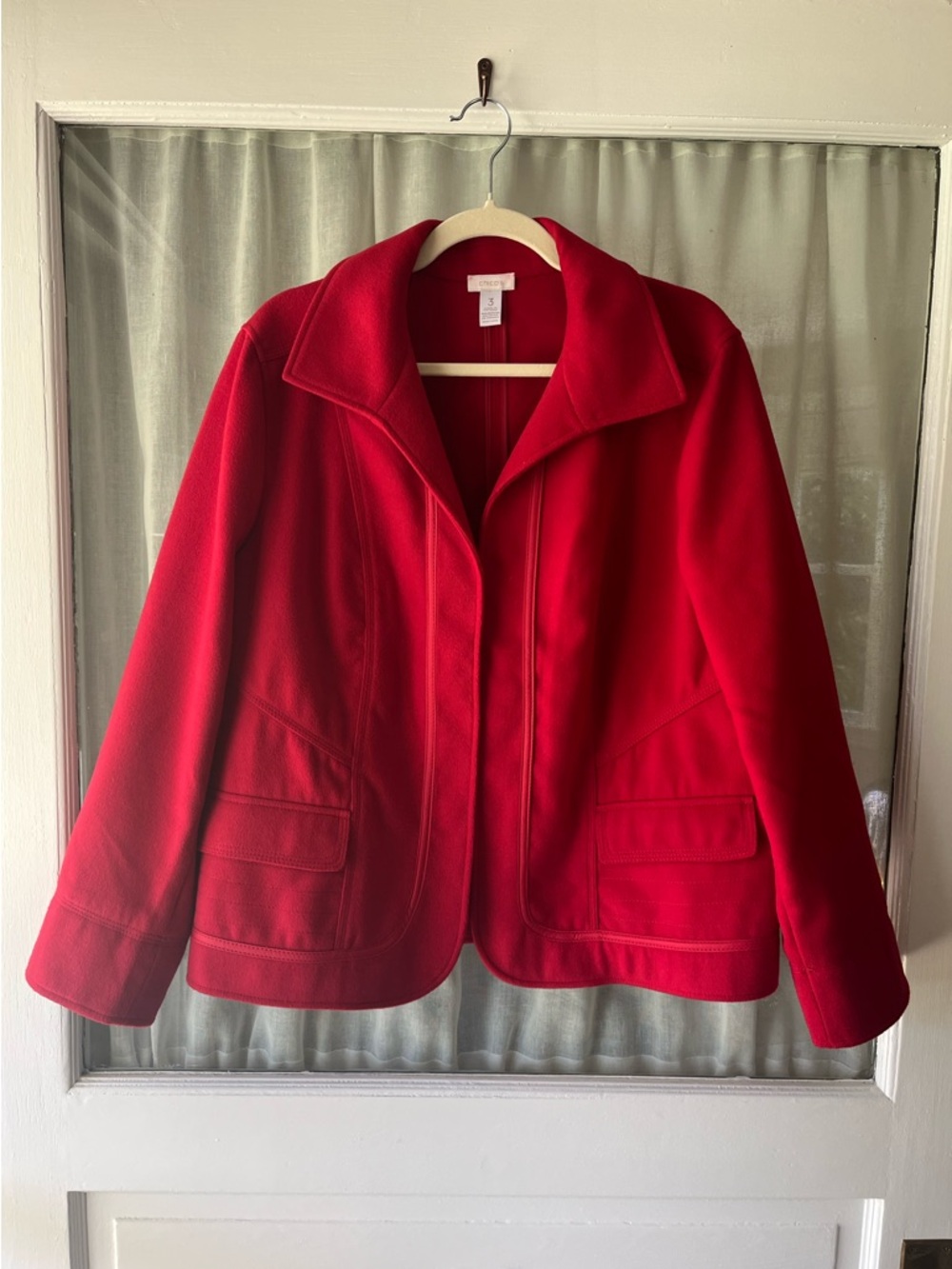 Chico's Sz 3/XL Vibrant Red Brushed Open Front Unlined Blazer Jacket Coat